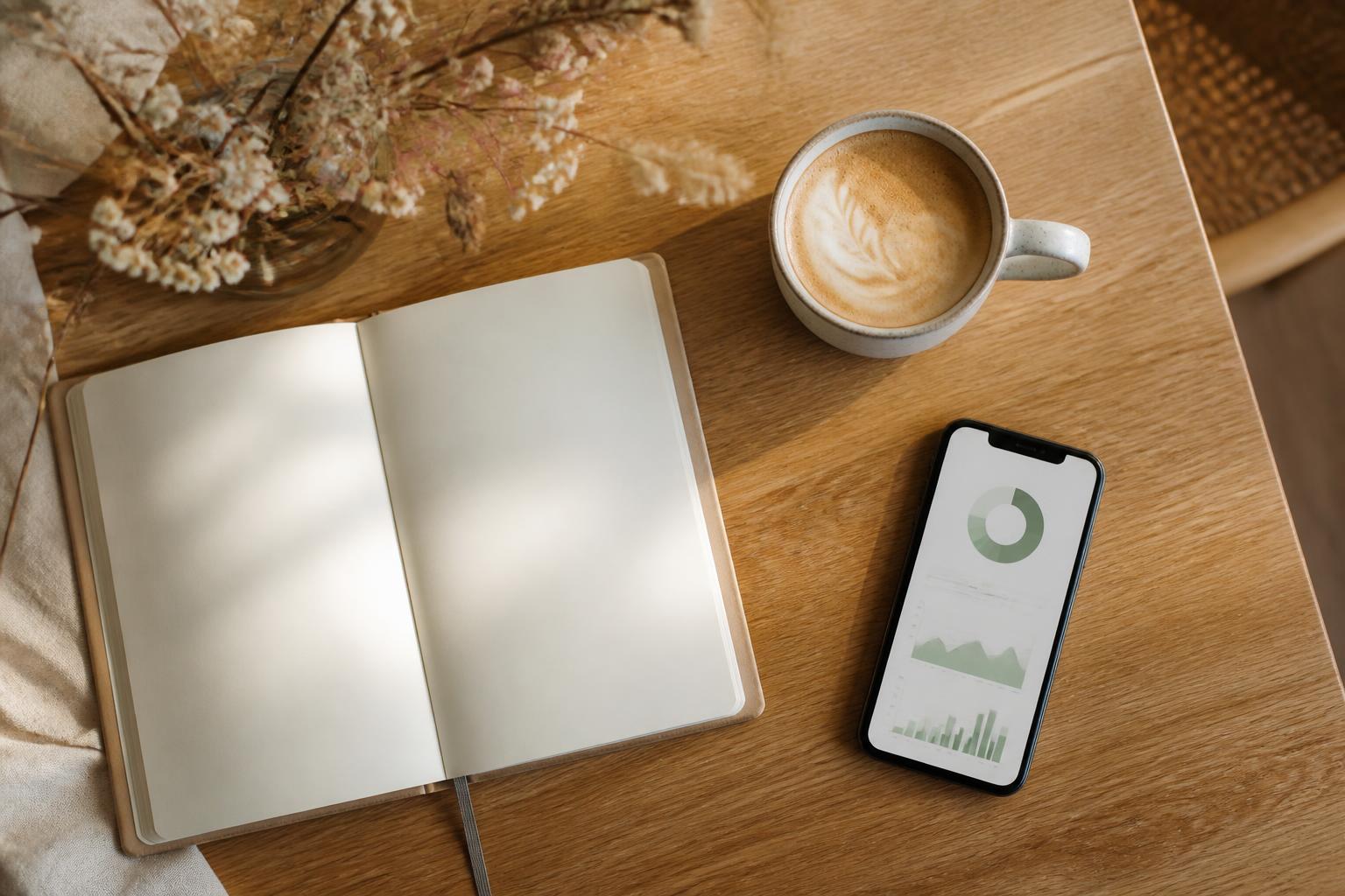 Notebook, latte and phone showing an income dashboard