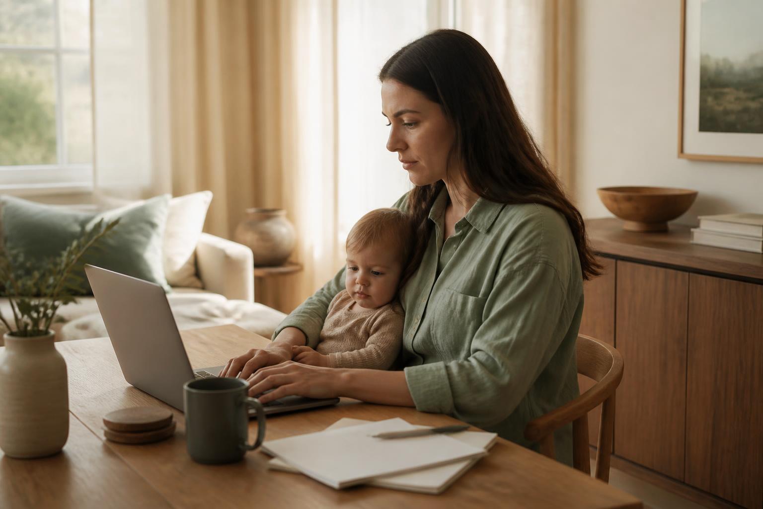 Mom working at a sunlit desk with a laptop
