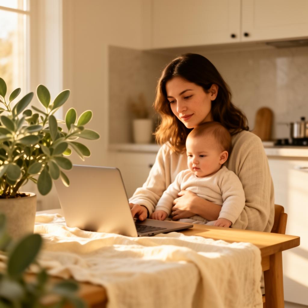 Mom working with AI while caring for her baby